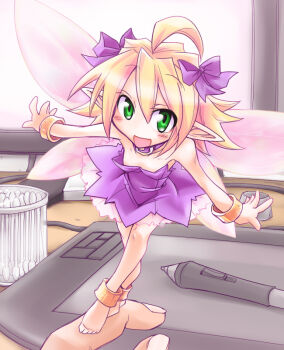 Rule 34 | 1girl, ahoge, anklet, barefoot, blonde hair, bracelet, collar, computer, cotton swab, drawing tablet, fairy, female focus, flat chest, green eyes, hair ribbon, jewelry, kobayashi tetsuya, mini person, minigirl, open mouth, pointy ears, ribbon, smile, solo, wacom, wings