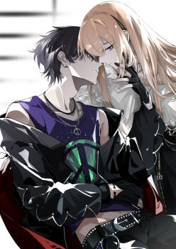 1boy 1girl aqua_eyes bare_shoulders belt black_belt black_gloves black_hair black_jacket black_nails black_pants blonde_hair chain chain_necklace closed_mouth coldiron collarbone dress ear_piercing earrings fingerless_gloves gloves hand_in_another&#039;s_hair hand_on_another&#039;s_chin hetero highres imminent_kiss jacket jewelry juedui_yanyi lace lace-trimmed_dress lace_trim long_hair long_sleeves looking_at_another midriff_peek necklace o-ring o-ring_belt off_shoulder open_clothes open_jacket pants parted_lips partially_fingerless_gloves piercing print_tank_top purple_eyes purple_tank_top short_hair sitting tank_top white_dress