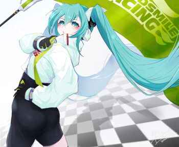 Rule 34 | 1girl, absurdres, aqua eyes, aqua hair, asymmetrical clothes, black gloves, blush, commentary request, dated, flag, gloves, goodsmile company, goodsmile racing, green gloves, hand on own hip, hatsune miku, highres, jacket, long hair, multicolored gloves, partial commentary, racing miku, racing miku (2022), rokugatsu shigure, signature, single pantsleg, solo, twintails, two-tone gloves, very long hair, white jacket