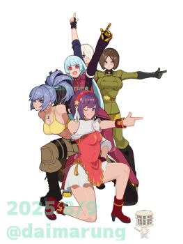 5girls angel_(kof) asamiya_athena blue_eyes blue_hair boots breasts brown_eyes brown_hair daimaru_(s29y2c) daimarung dress earrings female_focus finger frozen hairband heel_up high_ponytail highres ice jacket jewelry kula_diamond large_breasts leather leather_jacket leona_heidern looking_at_viewer mechanical_arms medium_breasts medium_hair metal_gloves military multiple_girls one_eye_closed open_mouth pale_skin pants pointing ponytail purple_eyes purple_hair red_eyes shirt short_hair skirt smile smiley_face standing star_(symbol) tank_top the_king_of_fighters thighs tight_clothes tight_shirt whip_(kof) white_hair wink yellow_shirt