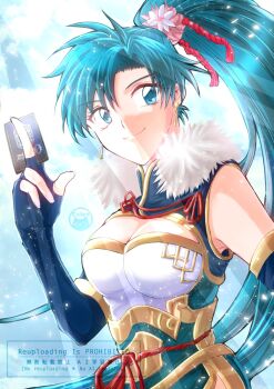 Rule 34 | 1girl, alternate costume, aqua eyes, aqua hair, armpits, artist logo, bare shoulders, black gloves, breasts, cf wing, cleavage, commentary request, earrings, elbow gloves, fingerless gloves, fire emblem, fire emblem: the blazing blade, fur-trimmed collar, fur trim, gloves, high ponytail, highres, jewelry, large breasts, logo, long hair, looking at viewer, lyn (fire emblem), nintendo, ponytail, smile, solo