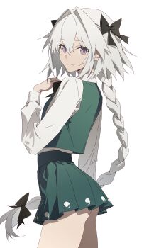 1boy absurdres ass black_bow black_bowtie bow bowtie braid closed_mouth commentary_request cosplay cowboy_shot crossdressing crossdressing_(mtf) fang green_skirt green_vest grey_hair hair_between_eyes hair_bow highres konpaku_youki konpaku_youmu konpaku_youmu_(cosplay) long_hair long_sleeves looking_at_viewer male_focus miniskirt mixed-language_commentary pink_eyes pleated_skirt shirt simple_background single_braid skin_fang skirt skirt_set touhou trap very_long_hair vest white_background white_shirt wuliwuli909
