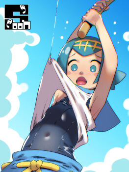 1girl accidental_exposure armpits arms_up blue_eyes blue_hair blue_one-piece_swimsuit blue_pants blue_sailor_collar blue_sky blush breasts bright_pupils clothes_lift clothes_pull cloud covered_navel day fishing fishing_line fishing_rod from_below hairband holding holding_fishing_rod lana_(pokemon) looking_down nintendo one-piece_swimsuit open_mouth outdoors pants pokemon pokemon_sm sailor_collar school_swimsuit shirt shirt_lift short_hair sky sleeveless sleeveless_shirt small_breasts solo soon_(c-u-soon) swimsuit swimsuit_under_clothes tearing_up tongue white_shirt yellow_hairband