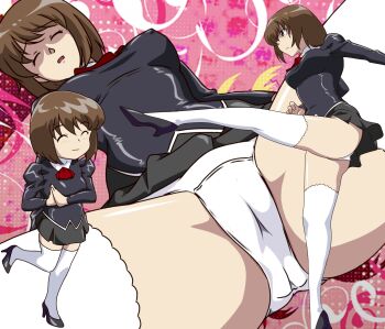 1girl :3 agent_aika aika_(series) ass black_delmo blush breasts brown_eyes brown_hair cameltoe closed_eyes delmogeny_uniform highres kicking kuroyoshi medium_breasts microskirt multiple_views neckerchief open_mouth panties red_neckerchief rika_(agent_aika) short_hair skirt spread_legs thighhighs unconscious underwear white_panties white_thighhighs