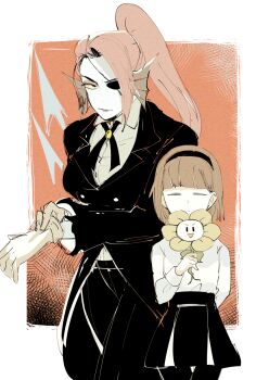 &gt;:d &gt;:| 1girl :d :| androgynous arm_behind_back asumi_chikyuu black_jacket black_pants black_pantyhose blue_skin blunt_bangs border boxing_gloves breasts buttons closed_mouth colored_sclera colored_skin cosplay cowboy_shot double-breasted eyepatch fins flower flowey_(undertale) formal_clothes frisk_(undertale) hairband head_fins high_ponytail highres holding holding_flower jacket long_hair long_sleeves looking_at_viewer medium_breasts miniskirt monster_girl multiple_girls one_eye_covered open_mouth outside_border pants pantyhose ponytail r_dorothy_wayneright r_dorothy_wayneright_(cosplay) red_hair roger_smith roger_smith_(cosplay) shirt short_hair sketch skirt smile suit the_big_o undertale undyne utdr_(toby_fox) v-shaped_eyebrows white_border white_shirt yellow_sclera