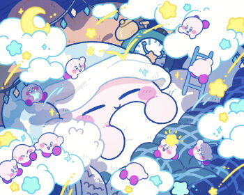 :o alarm_clock blue_eyes blue_hat blush_stickers climbing clock clone closed_eyes closed_mouth cloud commentary_request copy_ability crescent_moon harukui hat highres holding holding_hands holding_star kirby kirby_(series) ladder moon nightcap nintendo no_humans on_bed one_eye_closed pillow red_shoes shoes sleep_kirby sleeping smile star-shaped_pillow star_(symbol) star_print under_covers
