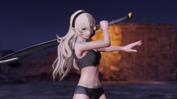 1girl 3d architecture arm_up armor armpits bare_shoulders barefoot black_hairband bra breasts broken_armor cleavage closed_mouth collarbone female_corrin_(fire_emblem) determined dynamic_pose eyelashes feet female_focus fighting_pose fighting_stance fingernails fire_emblem fire_emblem_fates fire_emblem_warriors gameplay_mechanics hair_ornament hairband holding holding_sword holding_weapon intelligent_systems legs long_hair looking_away midriff multicolored_bra multicolored_panties multicolored_underwear nails navel neck night night_sky nintendo official_alternate_costume official_underwear outdoors outstretched_arms over_shoulder pale_skin panties pointy_ears red_eyes ruins silver_hair sky spread_arms standing sword sword_over_shoulder thighs toenails toes underwear underwear_only weapon weapon_over_shoulder