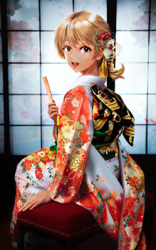 1girl absurdres alternate_costume alternate_hairstyle blonde_hair brown_eyes commentary_request folding_fan furisode grace16 hair_ornament hand_fan highres indoors isshiki_iroha japanese_clothes kimono lips long_sleeves looking_at_viewer on_stool open_mouth print_kimono shouji sitting sliding_doors solo stool yahari_ore_no_seishun_lovecome_wa_machigatteiru.