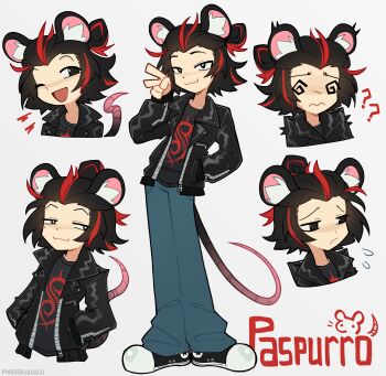 Rule 34 | 1girl, :3, ?, ??, @ @, absurdres, animal ears, black eyes, black hair, black jacket, black shirt, black shoes, blue pants, bright pupils, closed mouth, collared jacket, commission, flying sweatdrops, grey background, highres, jacket, looking at viewer, mouse ears, mouse girl, mouse tail, multicolored hair, one eye closed, open clothes, open jacket, open mouth, original, pants, parasoru buruu, red hair, shirt, shoes, short hair, simple background, smile, smug, sneakers, solo, t-shirt, tail, two-tone hair, white pupils