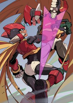 2boys android armor battle black_eyes blonde_hair energy_gun energy_sword forehead_jewel gun helmet highres holding holding_gun holding_sword holding_weapon lidian_s long_hair male_focus mega_man_(series) mega_man_zero_(series) multiple_boys omega_(mega_man) red_armor red_eyes red_helmet sharp_teeth sword teeth weapon z_saber zero(z)_(mega_man) zero_(mega_man)
