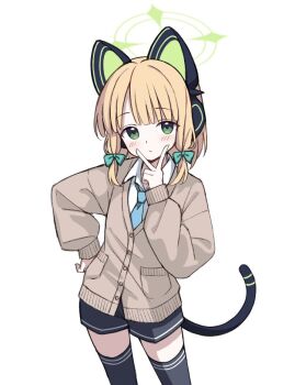 1girl :/ animal_ear_headphones animal_ears black_shorts black_tail black_thighhighs blonde_hair blue_archive blue_necktie blush bow brown_cardigan buttons cardigan cat_ear_headphones cat_ears cat_tail closed_mouth collared_shirt contrapposto fake_animal_ears fake_tail green_bow green_eyes green_halo hair_bow halo hand_on_own_hip headphones long_sleeves looking_at_viewer low-tied_sidelocks medium_hair midori_(blue_archive) necktie parted_bangs pocket puffy_long_sleeves puffy_sleeves shirt shorts sidelocks simple_background solo suiran_(suiran0111) tail thighhighs v v_over_mouth white_background white_shirt