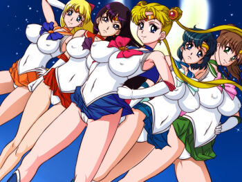 5girls aino_minako bishoujo_senshi_sailor_moon bishoujo_senshi_sailor_moon_(first_season) blonde_hair blue_hair blue_sailor_collar blue_skirt breasts brown_hair cameltoe choker circlet clenched_hand commentary_request covered_erect_nipples crescent_moon double_bun dutch_angle earrings elbow_gloves frown gloves green_choker green_sailor_collar green_skirt hair_bun hair_ribbon hand_on_own_hip highres hino_rei inner_senshi jewelry kino_makoto large_breasts lento_(glamour_works) leotard leotard_peek long_hair magical_girl microskirt mizuno_ami moon multiple_girls navel night orange_choker orange_sailor_collar orange_skirt panties ponytail purple_hair red_choker red_sailor_collar red_skirt revision ribbon sailor_collar sailor_jupiter sailor_mars sailor_mercury sailor_moon sailor_senshi sailor_senshi_uniform sailor_venus short_hair skirt sky smile star_(sky) starry_sky transformation_brooch_(sailor_moon) tsukino_usagi twintails underwear upskirt white_gloves