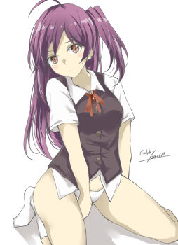 1girl ahoge artist_name asymmetrical_hair black_vest breasts brown_eyes dated embarrassed gakky hagikaze_(kancolle) highres kantai_collection kerchief kneeling long_hair looking_at_viewer medium_breasts neck_ribbon no_pants one_side_up panties pleated_skirt purple_hair red_ribbon ribbon shadow shirt short_sleeves signature skirt socks solo underwear vest white_background white_panties white_socks