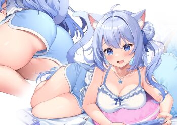 1girl :d ahoge animal_ear_fluff animal_ears ass bare_legs bare_shoulders blue_bow blue_eyes blue_hair blue_jacket blue_ribbon blue_shorts blush bow bow_camisole breast_rest breasts camisole cat_ears cat_girl cat_tail cleavage collarbone commentary_request commission controller fang flipped_hair flower flower_necklace food frilled_camisole frilled_pillow frills game_console hair_between_eyes hair_bun hair_ribbon heart heart-shaped_pillow holding holding_controller indoors jacket jewelry large_breasts legs_together long_hair long_sleeves looking_at_viewer lying necklace off_shoulder on_bed open_clothes open_jacket open_mouth original pillow pocky ribbon short_shorts shorts side_ponytail single_side_bun skeb_commission skin_fang smile solo tail tail_raised takanashi_(takanashi_tkns) thigh_gap twisted_torso wavy_hair white_camisole
