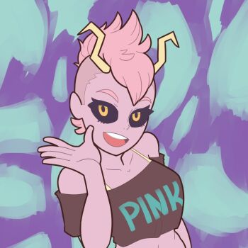 1girl alternate_hairstyle bare_shoulders black_sclera black_shirt boku_no_hero_academia cianuro clothes_writing collarbone colored_sclera colored_skin commentary commission crop_top english_commentary eyelashes highres horns mohawk open_mouth pink_hair pink_skin shirt short_hair smile solo teeth upper_body upper_teeth_only very_short_hair waving yellow_eyes