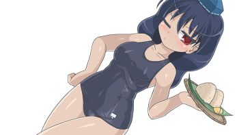 Rule 34 | 1girl, blue hair, blue hat, blue one-piece swimsuit, breasts, collarbone, commentary request, covered navel, food, hand on own hip, hat, holding, holding tray, iizunamaru megumu, large breasts, old school swimsuit, one-piece swimsuit, one eye closed, onigiri, red eyes, school swimsuit, solo, swimsuit, thighs, tokin hat, touhou, transparent background, tray, winn