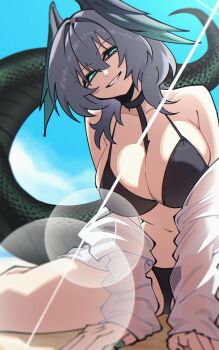 1girl absurdres arknights bikini black_bikini blue_sky breasts cloud collarbone commentary day dryegen green_eyes grey_hair hair_between_eyes highres ho&#039;olheyak_(arknights) large_breasts looking_at_viewer medium_hair navel outdoors sand sitting sky smile snake_tail solo summer swimsuit tail