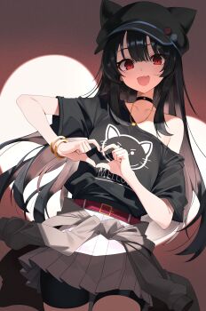 1girl absurdres animal_ears belt bike_shorts black_choker black_hat black_shirt black_shorts blush bracelet breasts brown_hair choker clothes_around_waist collar colored_inner_hair finger_heart hat highres jewelry long_hair looking_at_viewer mellow_kaede multicolored_hair open_mouth original red_belt red_eyes shirt shorts single_bare_shoulder skirt small_breasts smile solo sweater sweater_around_waist white_skirt