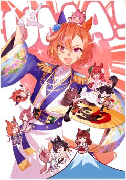 6+girls ahoge animal_ears black_hair blue_eyes blue_jacket brown_hair calligraphy_brush character_request chibi clenched_teeth closed_eyes closed_mouth commentary_request cropped_jacket ear_covers eating epaulettes flower full_body glasses gloves hair_flower hair_ornament hakama hand_fan haru_urara_(first_urara_saku_sakura)_(umamusume) haru_urara_(umamusume) highres holding holding_calligraphy_brush holding_paintbrush horse_ears horse_girl horse_tail ikuno_dictus_(umamusume) jacket japanese_clothes katsuragi_ace_(pen_name:_ink_dragon)_(umamusume) katsuragi_ace_(umamusume) kitasan_black_(jubilant_star_auspicious_crane)_(umamusume) kitasan_black_(umamusume) long_hair long_sleeves maruzensky_(heavenly_maiden_of_divine_speed)_(umamusume) maruzensky_(umamusume) medium_hair mismatched_ear_covers mount_fuji mountain mr._c.b._(dazzling_kabuki_flower)_(umamusume) mr._c.b._(umamusume) multicolored_hair multiple_girls nanaheibei_3 nice_nature_(converging_wishes)_(umamusume) nice_nature_(umamusume) open_mouth orange_hair paintbrush pink_eyes pink_hair ponytail purple_eyes satono_diamond_(floral_star_prosperous_green)_(umamusume) satono_diamond_(umamusume) short_hair single_ear_cover smile sparkle striped_hair symbol-shaped_pupils t.m._opera_o_(blue_dazzle)_(umamusume) t.m._opera_o_(umamusume) tail teeth two-tone_hair umamusume white_gloves white_hair white_hakama wide_sleeves