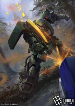 Rule 34 | axe, commentary request, company name, copyright logo, copyright name, copyright notice, fighting, forest, gundam, gundam 0080, gundam alex, gundam card game, hayaken sarena, heat hawk, holding, holding axe, holding weapon, legs apart, logo, mecha, mecha focus, mobile suit, nature, no humans, official art, one-eyed, one-eyed mecha, purple eyes, robot, science fiction, shoulder spikes, signature, solo focus, sparks, spikes, standing, sunrise (company), tree, weapon, zaku ii fz kai