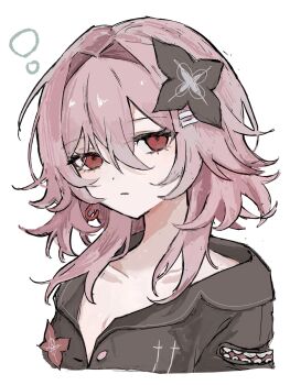 1girl black_flower breasts cleavage earrings evernight_(honkai:_star_rail) flower hair_between_eyes hair_flower hair_ornament hairclip highres honkai:_star_rail honkai_(series) jacket jewelry march_7th_(honkai:_star_rail) medium_hair parallel_hairclips parted_lips pink_hair red_eyes single_earring umumum_94 upper_body white_background
