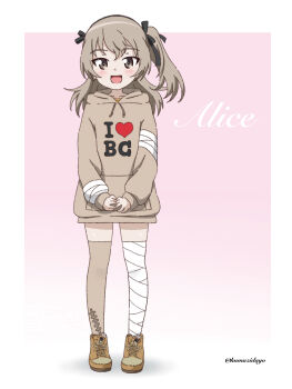 1girl :d absurdres alternate_costume bandaged_leg bandages black_ribbon boko_(girls_und_panzer) brown_dress brown_eyes brown_hair brown_shoes brown_thighhighs character_name clothes_writing commentary_request cross-laced_shoes drawstring dress full_body girls_und_panzer gradient_background hair_ribbon heart highres hood hood_down hooded_dress hoodie kumaji_(kumazidayo) light_blush long_hair looking_at_viewer one_side_up open_mouth outside_border own_hands_together pink_background ribbon shimada_arisu shoes single_thighhigh smile solo standing sweater sweater_dress thighhighs twitter_username