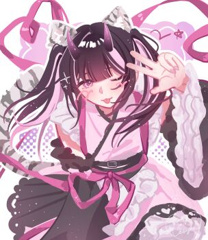 1boy ;p absurdres blush_stickers cho_kaguya-hime! commentary crossdressing crossdressing_(mtf) highres horns japanese_clothes komazawa_noi looking_at_viewer male_focus mildmylls one_eye_closed ribbon solo symbol-only_commentary tongue tongue_out twintails v