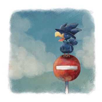 animal_focus beak bird closed_eyes crow fukyo gen_2_pokemon highres murkrow nintendo no_humans open_mouth outdoors pokemon pokemon_(creature) pokemon_focus road_sign sign sky talons wings