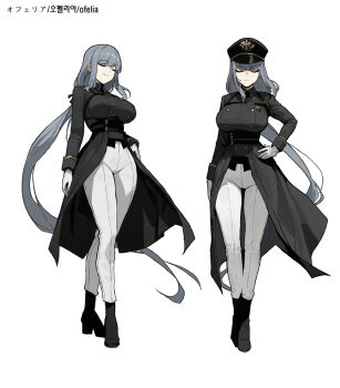 1girl ankle_boots black_boots black_coat black_hat boots breasts character_name chest_harness closed_eyes closed_mouth coat commentary floating_hair full_body gloves grey_hair hand_on_own_hip harness hat highres large_breasts long_hair long_sleeves low_ponytail military_uniform multiple_views ofelia_(gogalking) original pants peaked_cap ponytail rusellunt simple_background smile split_mouth standing very_long_hair white_background white_gloves white_pants