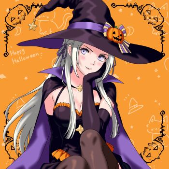 1girl absurdres alternate_costume blush breasts cape cleavage edelgard_von_hresvelg elbow_gloves fire_emblem fire_emblem:_three_houses gloves hair_ribbon halloween halloween_costume hat highres light_smile medium_breasts nekomoni nintendo pumpkin purple_eyes ribbon skindentation solo thighhighs white_hair witch witch_hat