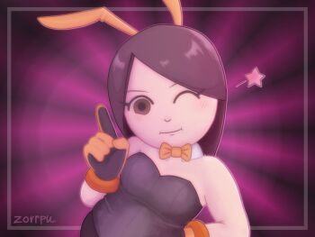 1girl :i animal_ears bare_shoulders black_eyes black_hair black_leotard blush bow bowtie breasts brown_eyes brown_hair closed_mouth detached_collar fake_animal_ears gloves hand_on_own_hip highres index_finger_raised leotard long_hair looking_at_viewer medium_breasts mii_(nintendo) mii_gunner mii_gunner_(smash_ultimate) nintendo one_eye_closed orange_bow orange_bowtie orange_gloves pantyhose playboy_bunny plump pointing pointing_up rabbit_ears smile solo star_(symbol) strapless strapless_leotard super_smash_bros. upper_body zorrpu
