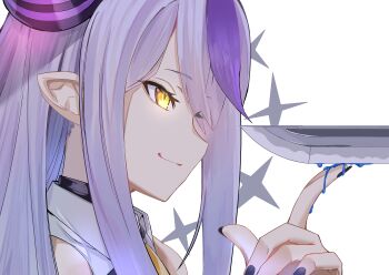 2girls absurdres blood blue_blood demon_girl demon_horns futoshi_tanaka grin highres hololive holox horns katana kazama_iroha la+_darknesss la+_darknesss_(1st_costume) long_hair looking_at_another multicolored_hair multiple_girls nail_polish pointy_ears purple_hair simple_background smile sword tail virtual_youtuber weapon yellow_eyes