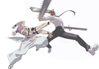 2boys baggy_pants battle black_nails black_necktie black_pants body_markings chainsaw chainsaw_devil chainsaw_man clenched_hands clenched_teeth collared_shirt denji_(chainsaw_man) extra_arms extra_mouth facial_mark fighting_stance full_body furrowed_brow highres jujutsu_kaisen kanknive male_focus multiple_boys nail_polish necktie open_mouth outstretched_arm pants pink_hair ryoumen_sukuna_(jujutsu_kaisen) sandals sharp_teeth shirt shoes short_hair sleeves_rolled_up tabi teeth tongue tongue_out topless_male underwear white_background white_pants white_shirt white_shoes