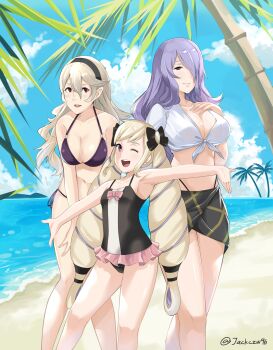 beach bikini breasts camilla_(fire_emblem) cleavage female_corrin_(fire_emblem) drill_hair elise_(fire_emblem) elise_(tropical_flower)_(fire_emblem) fire_emblem fire_emblem_fates fire_emblem_heroes hair_over_one_eye hairband highres j@ck large_breasts long_hair looking_at_viewer navel nintendo one-piece_swimsuit one_eye_closed pointy_ears purple_eyes purple_hair siblings sisters smile swimsuit tiara twin_drills twintails very_long_hair water wavy_hair