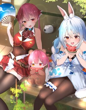Rule 34 | 2girls, absurdres, animal costume, bear costume, belt, black bra, blue dress, blue hair, blush, bra, braid, breasts, brown eyes, brown pantyhose, brown thighhighs, cropped jacket, dress, eating, fang, food, frilled thigh strap, fruit, hair between eyes, hand fan, heterochromia, highres, holding, holding fan, holding food, holding fruit, holding fruit, hololive, houshou kumarine, houshou marine, jacket, large breasts, long hair, looking at another, medium breasts, medium hair, multiple girls, open mouth, pantyhose, paper fan, red eyes, red hair, red jacket, red skirt, sitting, skin fang, skirt, smile, sweat, thigh strap, thighhighs, twin braids, underwear, usada pekora, user rvep5578, virtual youtuber, watermelon, watermelon slice