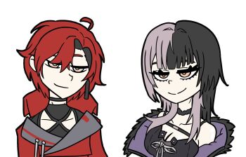 1boy 1girl ahoge black_bodysuit black_choker black_dress black_hair bodysuit breasts bright_pupils brown_outline chest_belt choker cleavage coat collarbone commentary dress english_commentary fur-trimmed_coat fur_trim grey_hair hair_between_eyes hair_ornament highres hololive hololive_english holostars holostars_english husbandmaru jacket lace lace-trimmed_choker lace_choker lace_trim long_hair looking_at_viewer machina_x_flayon medium_breasts multicolored_hair nemlei_(style) official_style orange_eyes outline parody red_hair red_jacket shiori_novella short_hair sidelocks simple_background smile smug solo split-color_hair style_parody the_coffin_of_andy_and_leyley two-tone_hair upper_body virtual_youtuber white_background white_pupils yellow_eyes