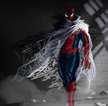 1boy absurdres artist_name blue_bodysuit bodysuit commentary english_commentary enzo_fernandez grey_background grey_cloak highres looking_at_viewer male_focus marvel mask multicolored_bodysuit print_bodysuit red_bodysuit signature silk smoke solo spider-man spider-man_(series) spider_web_print superhero_costume two-tone_bodysuit v-shaped_eyes