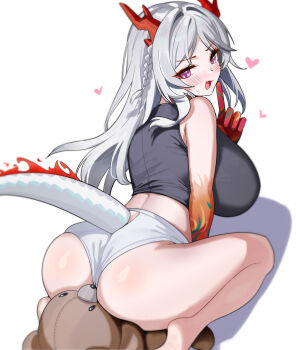 1girl :d absurdres arknights ass bare_legs bare_shoulders barefoot black_shirt blush braid breasts colored_skin dishui_tangni dragon_girl dragon_horns dragon_tail from_behind grey_hair heart highres horns index_finger_raised large_breasts long_hair looking_at_viewer looking_back nian_(arknights) open_mouth ore_twintail_ni_narimasu panties parted_bangs red_skin shirt side_braid simple_background sleeveless sleeveless_shirt smile solo straddling stuffed_animal stuffed_toy tail teddy_bear underwear upright_straddle v-shaped_eyebrows very_long_hair white_background white_panties