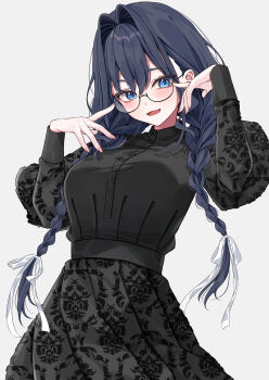 1girl :d absurdres adjusting_eyewear black_dress blue_eyes blue_hair braid breasts commentary_request dress embroidered_dress embroidery empire_waist fanged_bangs fangs glasses grey_background hair_intakes hair_over_shoulder hands_up highres hololive hololive_english juliet_sleeves large_breasts long_hair long_sleeves looking_at_viewer low_twin_braids mogu_(au1127) official_alternate_costume official_alternate_hairstyle open_mouth ouro_kronii ouro_kronii_(maid) puffy_sleeves round_eyewear simple_background smile solo twin_braids virtual_youtuber
