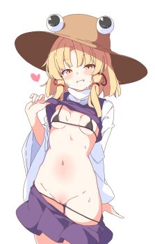 1girl bikini bikini_pull black_bikini blonde_hair breasts brown_hat censored clothes_lift clothes_pull cowboy_shot grin hat highres korra_down looking_at_viewer medium_hair micro_bikini miniskirt moriya_suwako mosaic_censoring navel petite purple_skirt purple_vest shirt shirt_lift simple_background skirt skirt_pull small_breasts smile solo stomach swimsuit touhou vest white_background white_shirt yellow_eyes