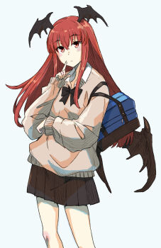 1girl alternate_costume bag blue_background blue_bag blush bow bowtie brown_bow brown_bowtie brown_skirt closed_mouth collared_shirt commentary_request contemporary demon_wings head_wings highres jack_(wkm74959) koakuma long_hair long_sleeves looking_at_viewer one-hour_drawing_challenge pleated_skirt red_eyes red_hair school_bag school_uniform shirt simple_background skirt solo sweater touhou white_shirt wings yellow_sweater