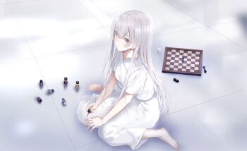1girl applying_manicure chessboard dice dress game_cg hakuchuumu_no_aojashin holding large_variant_set long_hair looking_at_viewer non-web_source official_art red_eyes shimofuri short_sleeves solo variant_set white_background white_dress white_hair yonagi_(hakuchuumu_no_aojashin)