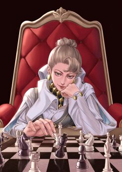 Rule 34 | 1girl, absurdres, alientomoe, bishop (chess), black background, board game, brown hair, chess, chess piece, chessboard, constantine (reverse:1999), earrings, elbows on table, grey eyes, grey vest, hair bun, hand on own cheek, hand on own face, head rest, highres, holding, holding chess piece, jewelry, king (chess), knight (chess), looking at viewer, pawn (chess), queen (chess), reverse:1999, rook (chess), shirt, short hair, sitting, sitting on throne, smile, solo, throne, upper body, vest, white shirt