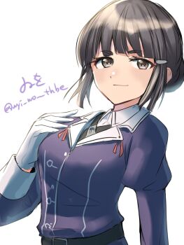 Rule 34 | 1girl, bad id, bad twitter id, black hair, braid, braided bun, breasts, brown eyes, gloves, hair bun, hair ornament, hairclip, hand on own chest, highres, jacket, kantai collection, long hair, long sleeves, looking at viewer, military, military uniform, myoukou (kancolle), myoukou kai ni (kancolle), purple jacket, single hair bun, smile, solo, upper body, white background, white gloves, wiwo