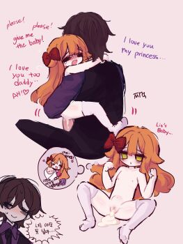 1boy 1girl absurdres after_vaginal aftersex age_difference black_hair blush bow censored closed_eyes cum cum_in_pussy cum_pool cumdrip elizabeth_afton empty_eyes english_text father_and_daughter five_nights_at_freddy's flat_chest full_body hair_bow hair_ornament hair_ribbon hetero highres hiji_(hijichan) incest loli long_hair lying mosaic_censoring multiple_views navel nipples nude on_back open_mouth orange_hair penis pussy red_bow red_hair requesting_impregnation ribbon sequential sex size_difference spread_legs stomach_bulge sweatdrop thighhighs william_afton