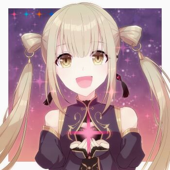 Rule 34 | 1girl, :d, aim higher and higher! (project sekai), azusawa kohane, bad anatomy, bad hands, bare shoulders, blonde hair, border, brown eyes, china dress, chinese clothes, cleavage cutout, clothing cutout, commentary, detached hair, dot nose, dress, earrings, eyelashes, gem, gold trim, gradient background, gradient eyes, highres, ibispaint (medium), jewelry, looking at viewer, making-of available, multicolored eyes, off-shoulder dress, off shoulder, official alternate costume, official alternate hair length, official alternate hairstyle, open mouth, outside border, pink background, project sekai, purple background, purple dress, red gem, satsuki24, sidelocks, smile, solo, sparkle, tassel, tassel earrings, twintails, white border, yellow eyes