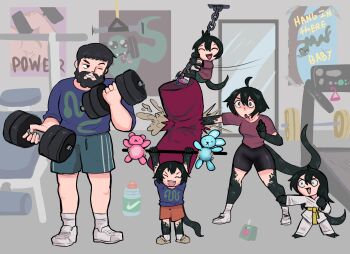 1boy 4girls absurdres ahoge beard big_trav bike_shorts black_hair black_scales breasts chivalry_starved crocs dougi facial_hair fangs father_and_child forked_tongue highres japvs medium_breasts mirror mother_and_child multiple_girls parent_and_child poster_(object) punching_bag short_hair short_sleeves shorts siblings slit_pupils snake_girl snake_tail sportswear stuffed_toy tail tongue treadmill weights xiang_(basedbinkie) yellow_eyes