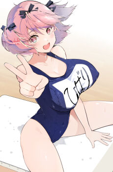 +_+ 1girl black_bow black_one-piece_swimsuit bow breasts commentary_request flower-shaped_pupils foreshortening hair_bow hibari_(senran_kagura) kinako_(mzknk0) looking_at_viewer one-piece_swimsuit open_mouth pink_eyes pink_hair senran_kagura short_hair sitting smile solo swimsuit symbol-shaped_pupils v
