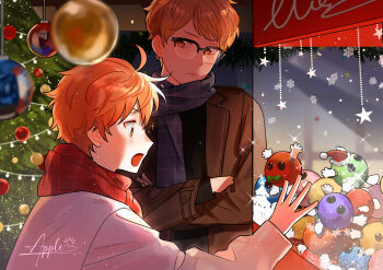 2boys absurdres black_shirt blonde_hair blue_scarf brown_jacket christmas_ornaments christmas_tree closed_mouth commentary_request crossed_arms glasses haikyuu!! hat height_difference highres hinata_shouyou jacket long_sleeves looking_at_another lynn_apple male_focus multiple_boys open_mouth red_scarf santa_hat scarf shirt snowflakes sparkle tsukishima_kei white_shirt yaoi