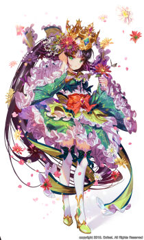 1girl black_hair commission crown dress flower frills full_body green_eyes hair_flower hair_ornament highres holding kiwikong long_hair looking_at_viewer original ponytail sensitive solo standing thighhighs very_long_hair white_background white_thighhighs wide_sleeves